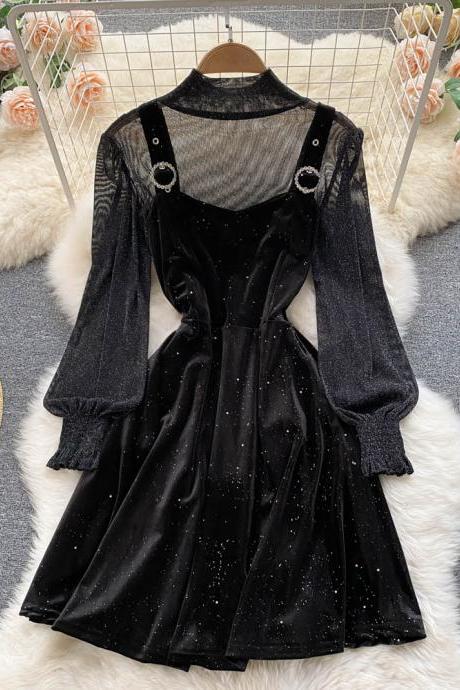 Fashionable See-through Base Coat + Velvet Strap Dress
