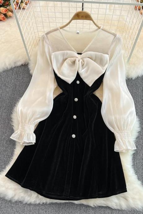 Cute V-neck Bow Long Sleeve Dress Black Fashion Dress