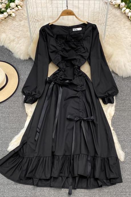Retro Puff Sleeve Square Neck Dress Waist Bandage Black Dress