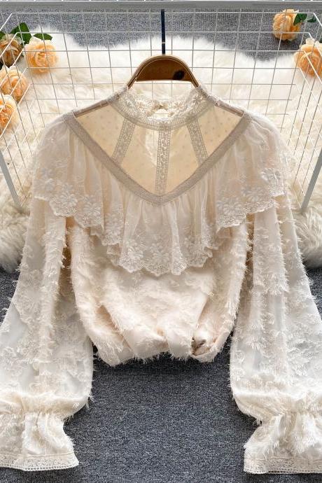 Lovely Lace See Through Long Sleeve Tops Fashion Tops