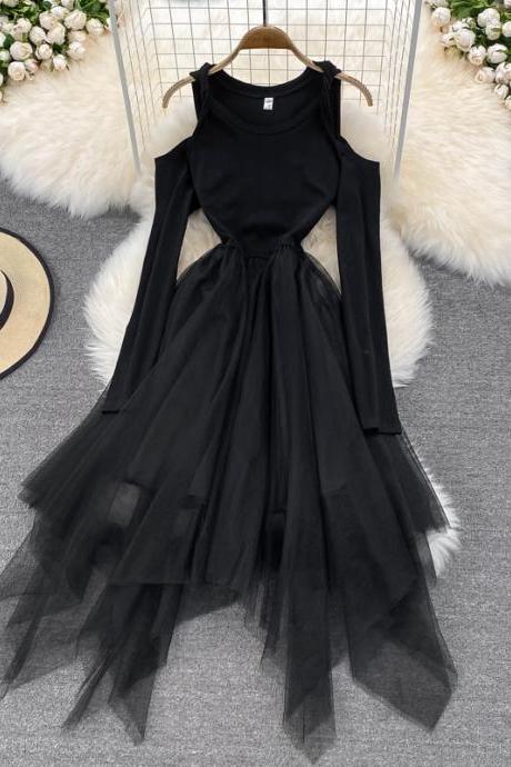 Black Irregular Long Sleeve Off Shoulder Dress Fashion Dress