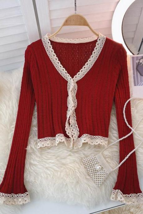 Knitted Top Women Autumn V-neck Lace Stitching Knitted Cardigan