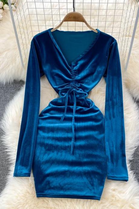 Sexy v neck velvet long sleeve dress fashion dress