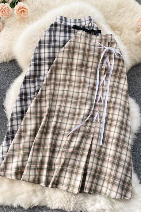 Retro plaid lace-up skirt A line skirt
