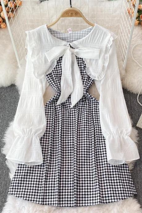 Cute Houndstooth Long Sleeve Dress A Line Fashion Dress