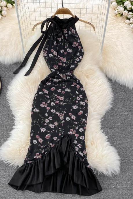 Black slim floral pattern off-the-shoulder dress fashion dress
