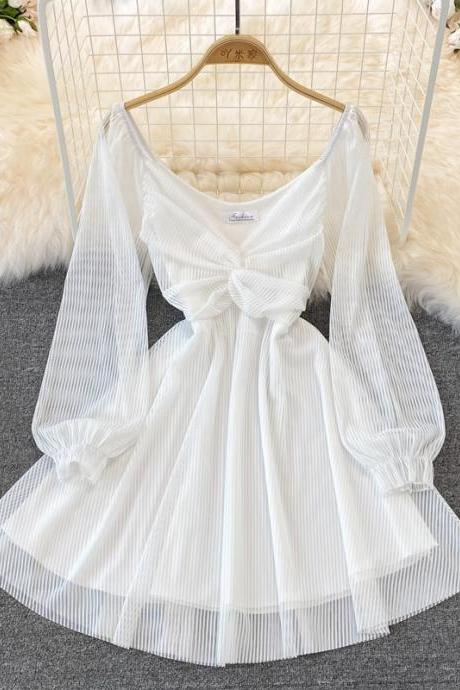 White V Neck Short Dress A Line Long Sleeve Dress