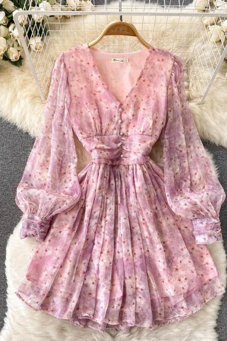 Pink V-neck Floral Short Dress A Line Fashion Dress