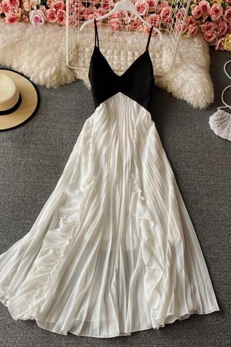 Cute V Neck A Line Dress Black And White Fashion Dress