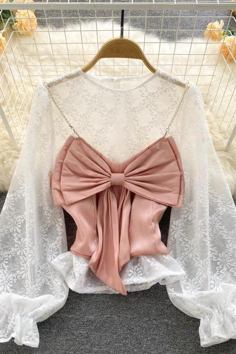 Cute Bowknot Camisole With Loose Shirt