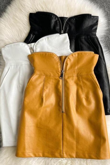 Simple PU leather skirt A line skirt
