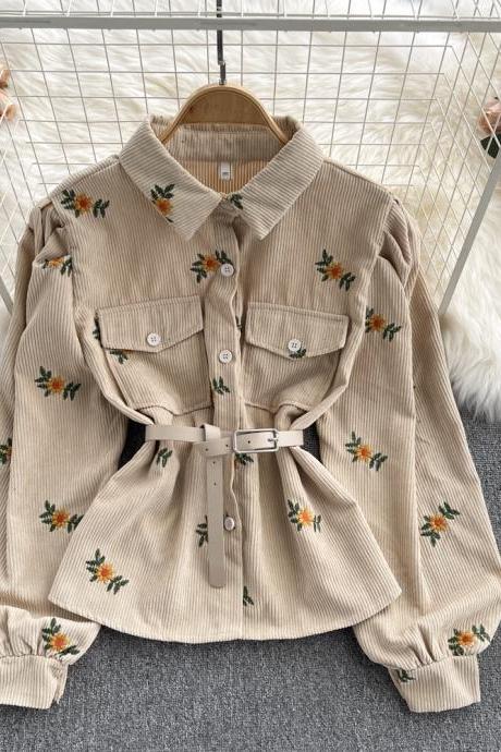 Lovely corduroy embroidered long-sleeved shirt