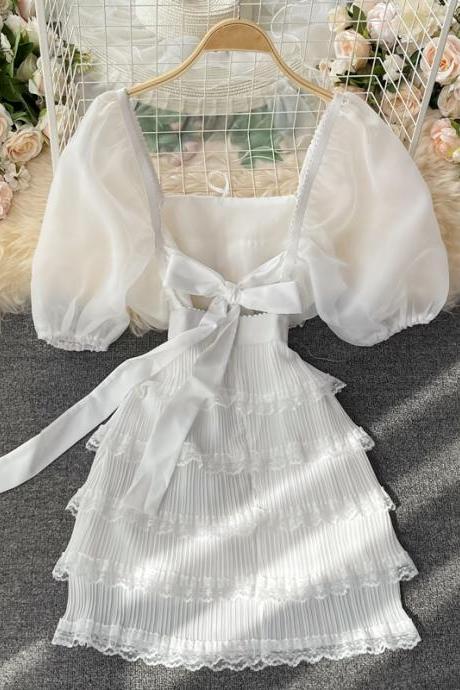Cute bow dress white A line fashion dress