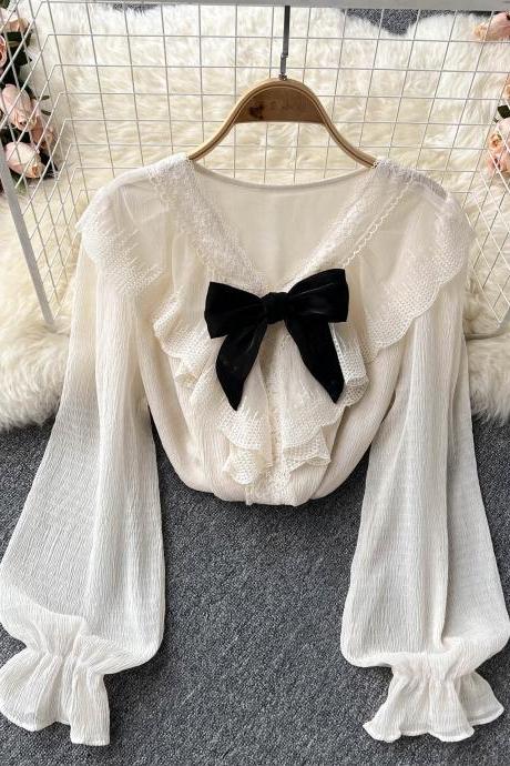 Lovely v-neck bow lace long sleeve top