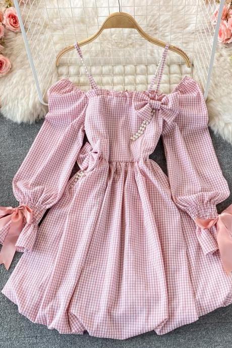 Cute checkered bow long sleeve dress fashion dress