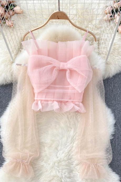 Cute tulle bow long sleeve tops crop tops