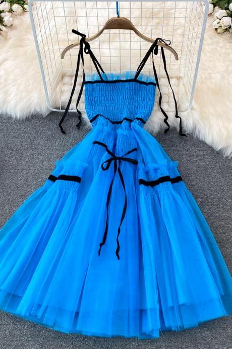 Blue tulle short A line dress party dress