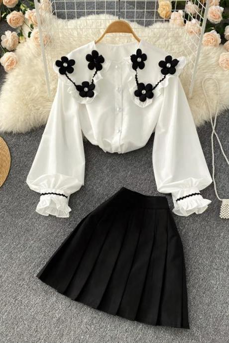 Cute Flower Top + Black Pleated Skirt