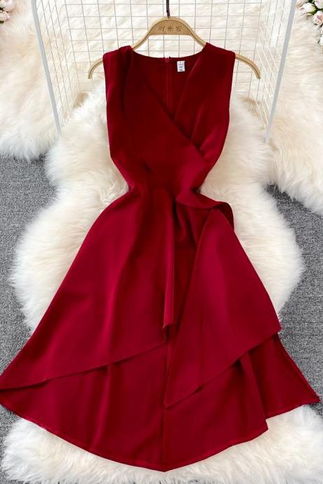 Red V Neck Irregular Dress