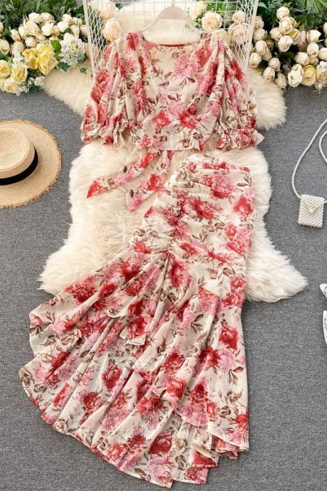 Cute Floral Chiffon Two Pieces Dress Fashion Dress