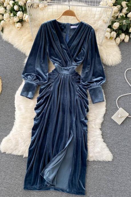 Blue V-neck Velvet Dress, Long Sleeve Fashion Dress