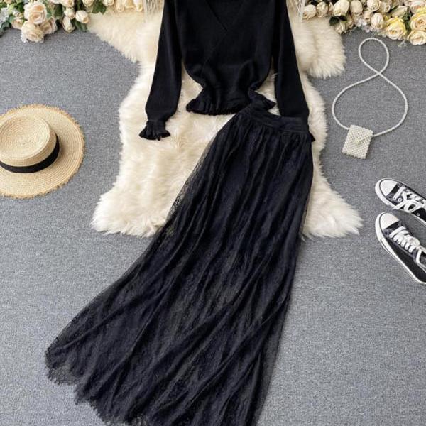 Elegant black long-sleeved sweater + lace skirt