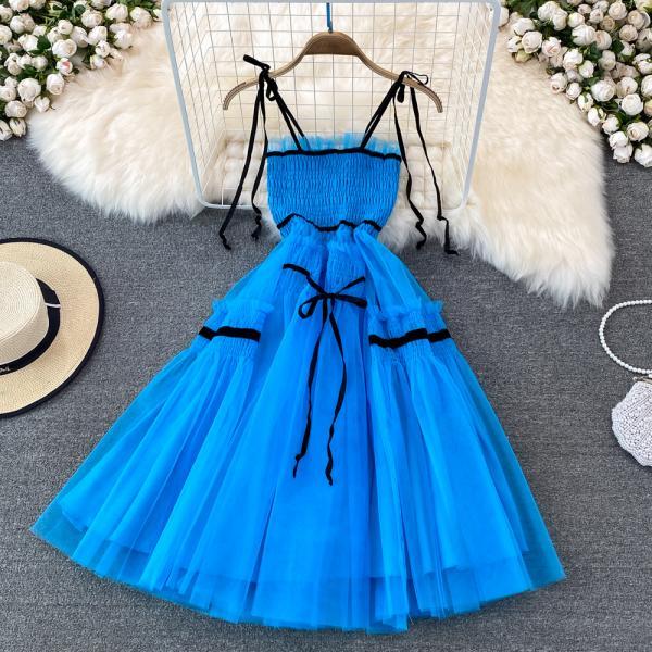 Blue tulle short A line dress party dress