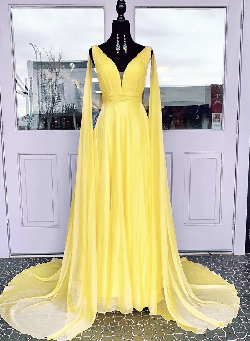 Puff Long Sleeves V Neck Floral Chiffon Yellow Evening Gown