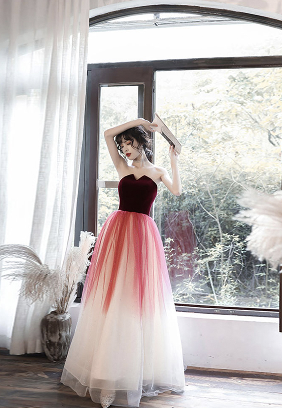 Burgundy velvet tulle long prom dress evening dress C1679 main image 0