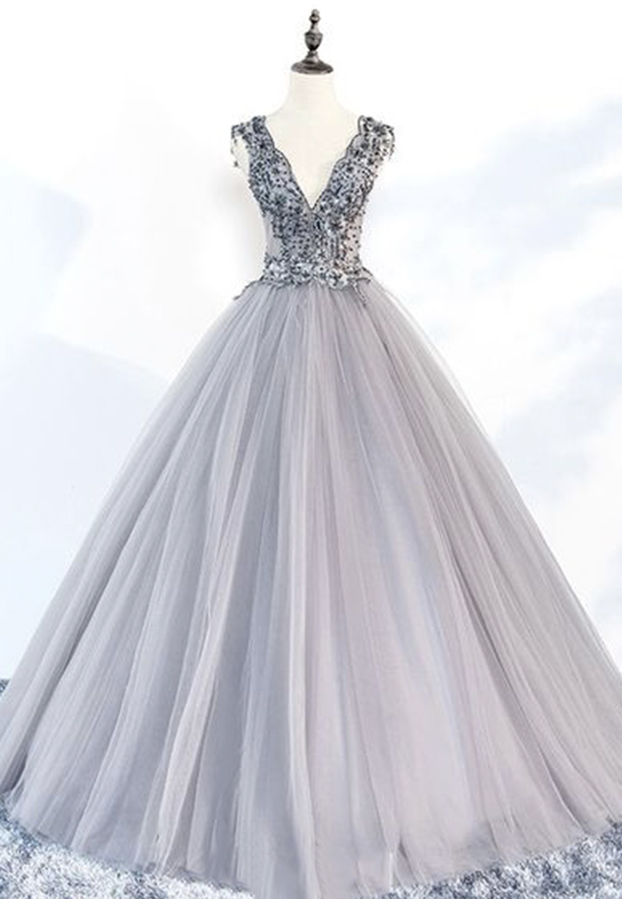Luxury Gray V Neck Sleeveless Tulle Long Prom Dress with Beads Crystal UQ2283