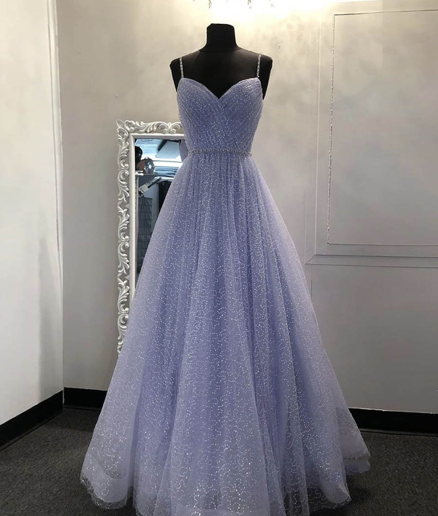 Unique A line tulle sequin long prom dress retract your waist formal party dress