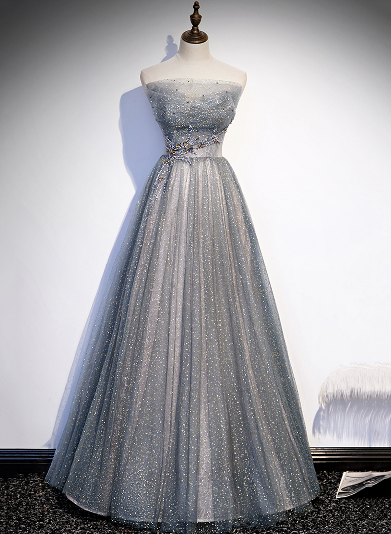 Dark gray tulle beads prom dress formal dress    cg21810 main image 1