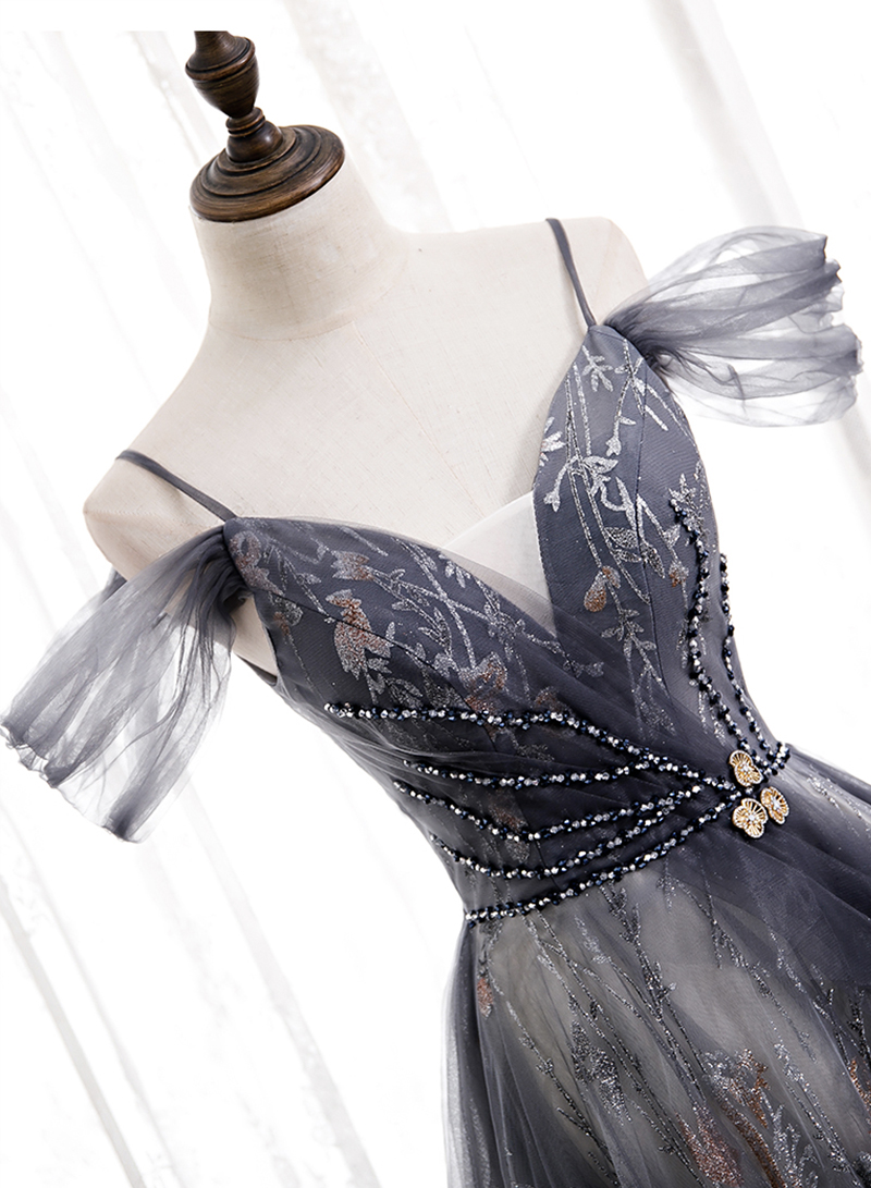 Long Sleeves Tulle A-Line Floor-Length Sequins Evening Gown Long Prom Dress,DP573 main image 1
