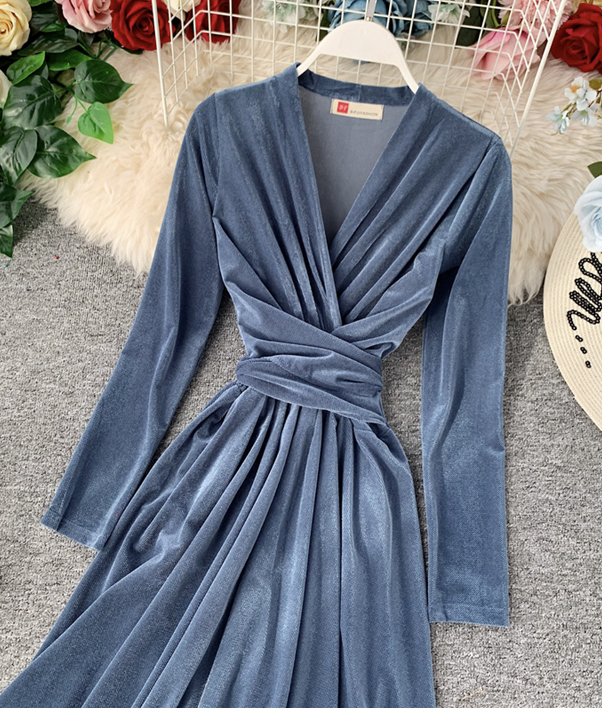 Elegant V Neck Velvet Dress Long Sleeve Dress on Luulla