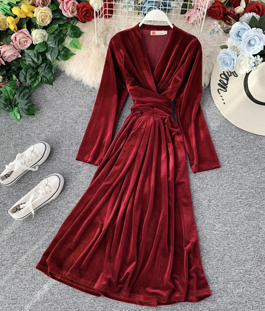 Elegant V Neck Velvet Dress Long Sleeve Dress On Luulla