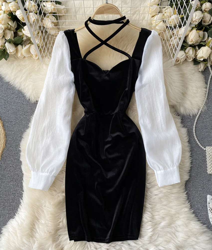 Black Velvet And White Dress Long Sleeve Dress on Luulla