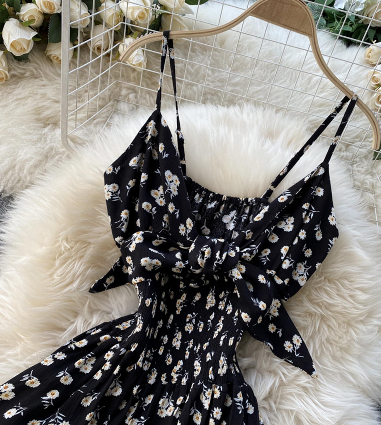 Black A Line Floral Dress With Bow on Luulla