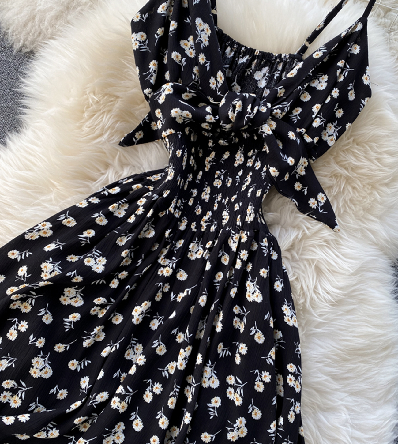 Black A Line Floral Dress With Bow on Luulla