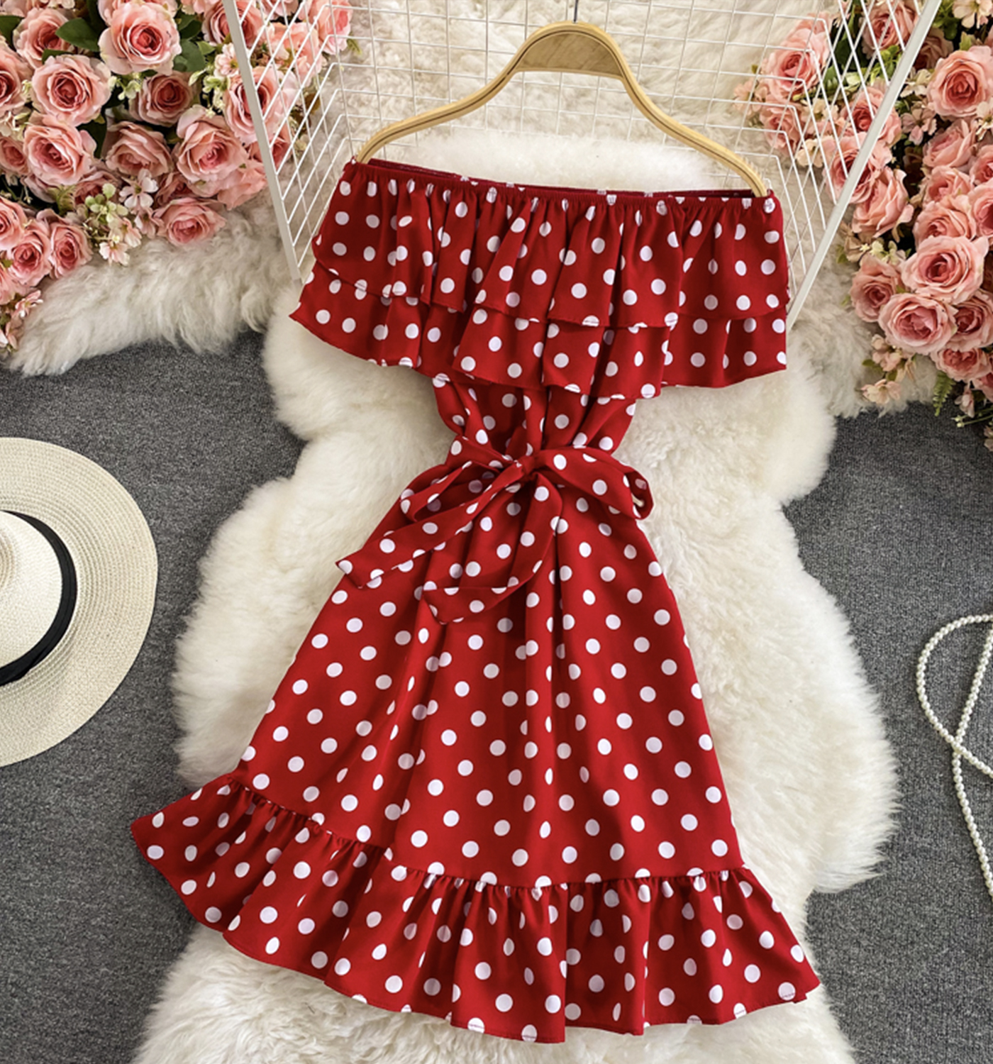 Off Shoulder Polka Dot Drawstring Mini Dress
