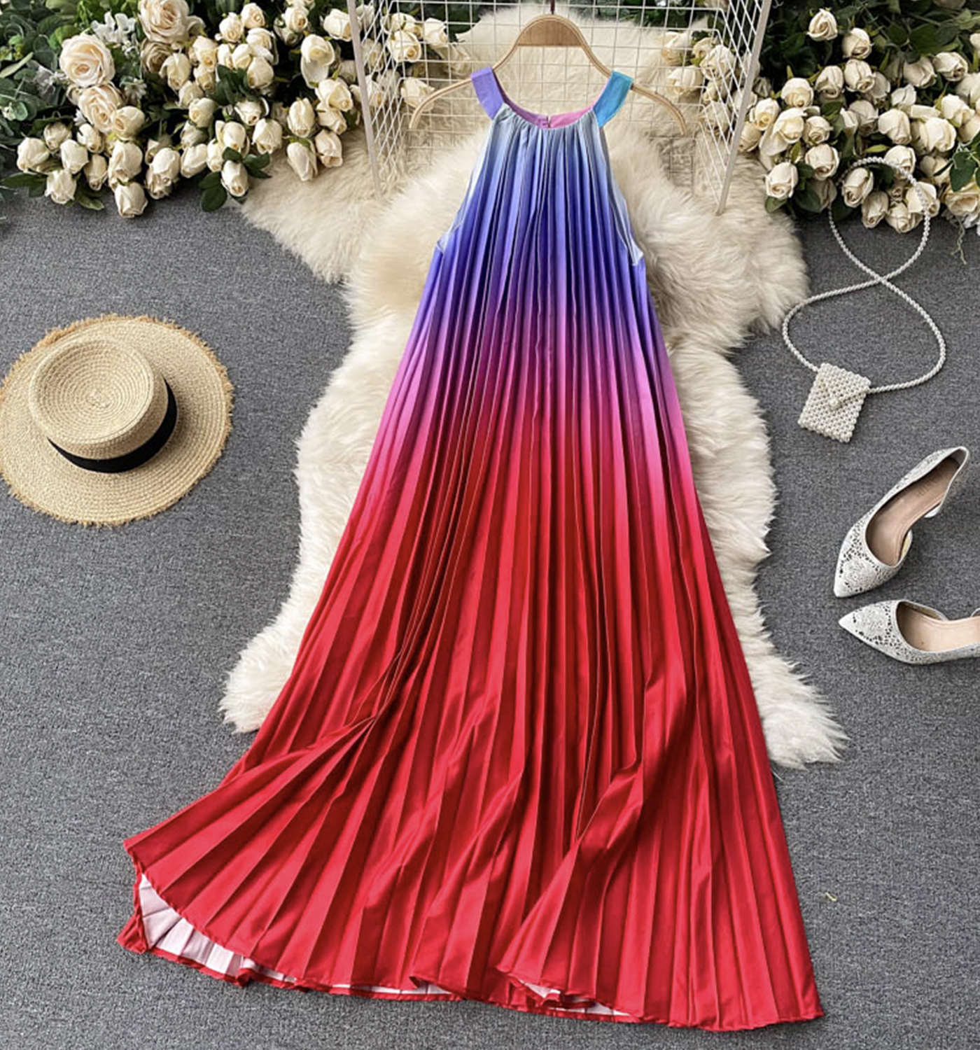 Gradient Tie-Shoulder Layered Dress