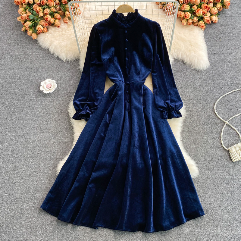 Blue Velvet Long Sleeve Dress Autumn Coat on Luulla