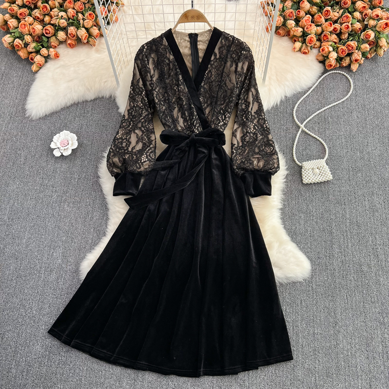 V-Neck Lace A-Line Long Dress_BDHL7066