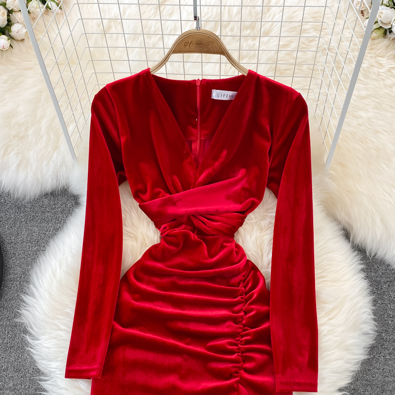 Simple V Neck Velvet Long Sleeve Dress Fashion Dress On Luulla