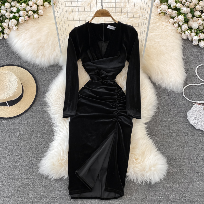 Simple V Neck Velvet Long Sleeve Dress Fashion Dress on Luulla