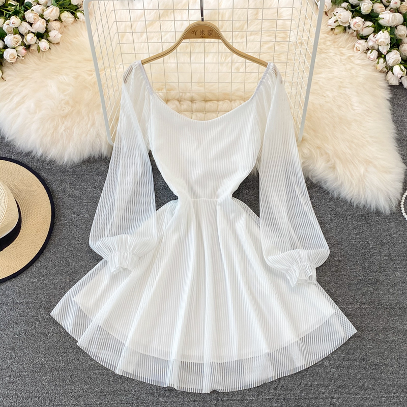 White V Neck Short Dress A Line Long Sleeve Dress on Luulla
